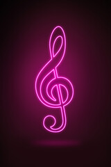 Music concept. Neon, pink treble clef on a dark background.