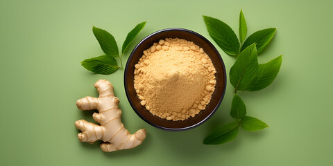 hand holding a magnifying glass, Alpinia galanga powder and fresh galangal rhizome, Ginger, fresh and powdered, on green background