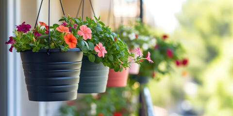 Colorful Hanging Flower Pots on Balcony. Vibrant flower pots suspended on a sunlit balcony railing.