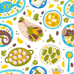Greek food cartoon vector seamless pattern. Food