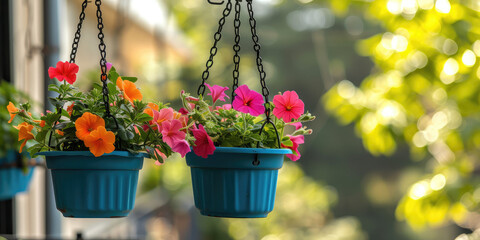 Colorful blue Hanging Flower Pots on Balcony. Vibrant flower pots suspended on a sunlit balcony railing.