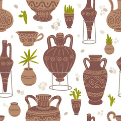 Pottery and plants vector seamless pattern. Food