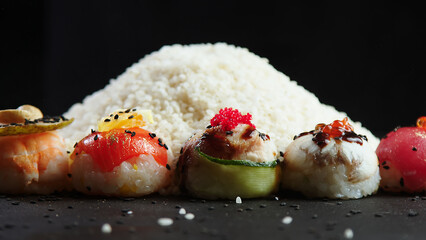 Close-up of rice and rolls on a dark background. Asian Chinese Thai Japanese Indian Traditional Food. Making sushi and rolls.