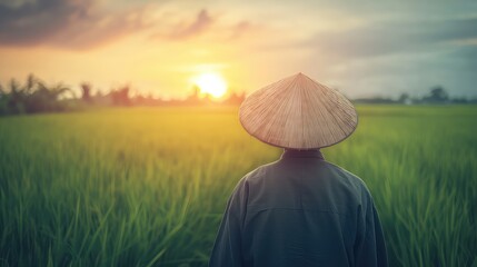 Against the backdrop of swaying rice paddies, an Asian woman stands with quiet strength, embodying the timeless traditions of rice cultivation and community