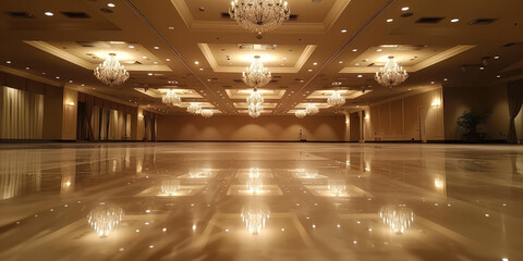 Elegant beige empty big Banquet Hall. Luxurious empty banquet hall with glossy floors.