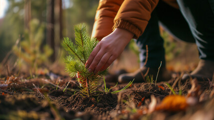 Man planting new conifer tree in open field.
