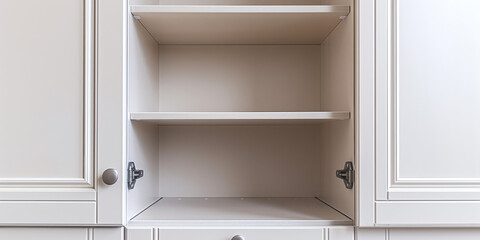 Fototapeta na wymiar Minimalist white Open Empty Cupboard. Close-up of an open, empty white cupboard with shelves, mockup for montage, copy space.