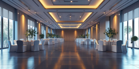 Elegant empty big Banquet Hall. Luxurious empty banquet hall with glossy floors. - obrazy, fototapety, plakaty
