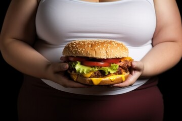 Fat woman holding a hamburger on a black background. Close-up. Overweight. Overeating Concept....