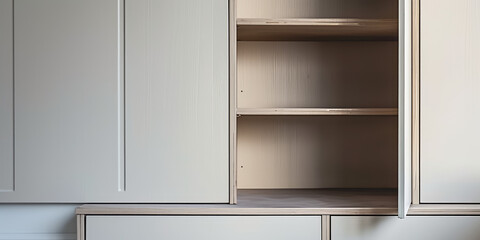 Minimalist white Open Empty Cupboard. Close-up of an open, empty white cupboard with shelves, mockup for montage, copy space.