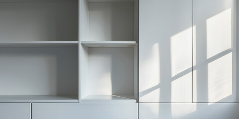 Minimalist white Open Empty Cupboard. Close-up of an open, empty white cupboard with shelves, mockup for montage, copy space.
