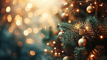 Obraz premium Abstract Christmas tree background with shimmering lights and festive bokeh.
