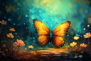 Fototapeta na wymiar Butterfly sitting in a bright colored background,