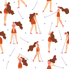 Seamless pattern with young girl hitting ball with golf club. Vector flat hand drawn illustration. Female golfer plays golf background, backdrop. Woman in sport. Cartoon characters. - 723010685