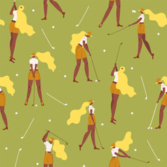 Seamless pattern with african american young girl hitting ball with golf club. Vector flat hand drawn illustration. Female golfer plays golf background, backdrop. Woman in sport. Cartoon characters.