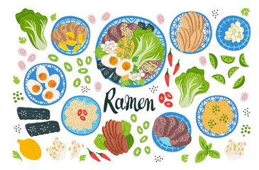 Ramen in bowl on table. Top view. Illustration with japanese soup in flat style. Asian food: miso, egg, nori, leek, noodles, pork, soybean sprouts, kamaboko, Enoki, Bok choy. Vector round composition. - 723011011