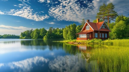 Fototapeta na wymiar Beautiful landscape with a red house on the lake with water reflection and bright sky with clouds. Weekend house