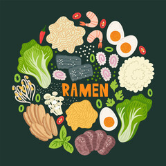 Ramen on table. Top view. Illustration with japanese soup in flat style. Asian food: miso, egg, meat, nori, lemon, noodles, pork, soybean sprouts, kamaboko, Enoki, Bok choy. Vector round composition.