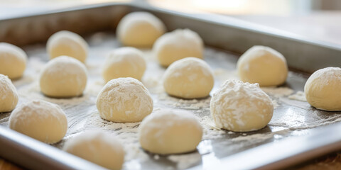 Fototapeta na wymiar Unbaked Pastry Dough balls Pieces on Baking Sheet. Close-up of raw pastry dough sections dusted with flour on a baking tray.