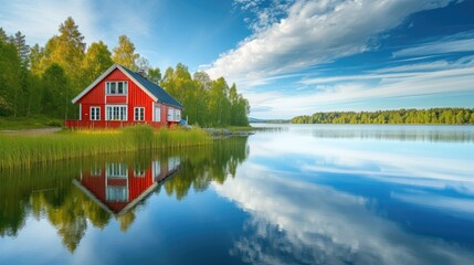 Obraz premium Beautiful landscape with a red house on the lake with water reflection and bright sky with clouds. Weekend house