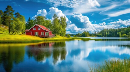 Beautiful landscape with a red house on the lake with water reflection and bright sky with clouds. Weekend house