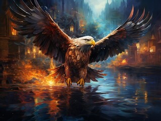 Beautiful eagle reflecting in water with flame - obrazy, fototapety, plakaty