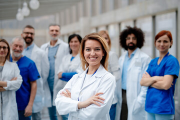 Portrait of beautiful female doctor standing in front of team of doctors. Healthcare team with doctors, nurses, professionals in medical uniforms in hospital.