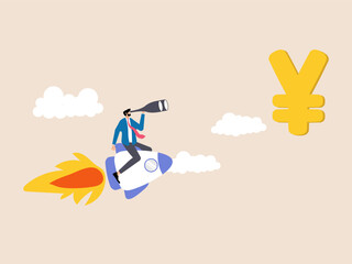A man rides a rocket, using binoculars to focus on the yen currency. This visual embodies the aspiration for financial success with careful observation of the financial market.