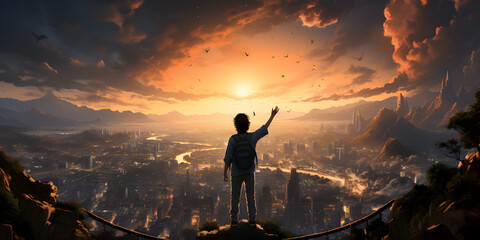 Boy who raises hand on top of mountain at sunset