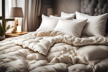 Fototapeta na wymiar Ivory duvet on cozy bed, ready for winter. Household, hotel, or home textile scene