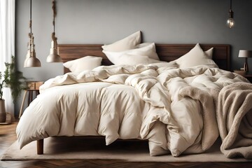 Ivory duvet on cozy bed, ready for winter. Household, hotel, or home textile scene