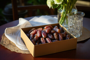 dry fruits set with dates on a wooden platter and box