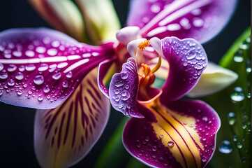 Close-up photo of a vibrant purple and yellow orchid flower with crystal-clear water drops clinging...