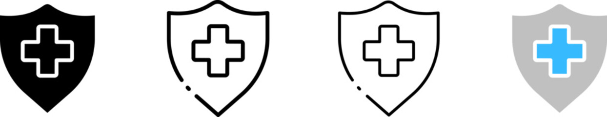 Medical plus protection icon set. Plus in shield. Silhouette, linear, and flat style. Vector icons.