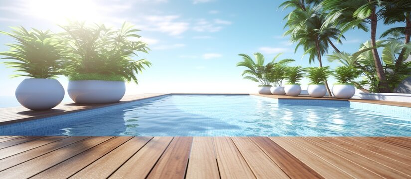 Empty wooden deck with swimming pool , Beautiful minimalist pool side view with clear blue sky .