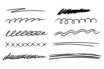 Hand drawn line stroke set. Highlight marker underline and strike through collection. Pen line template. Vector illustration isolated on white background. - obrazy, fototapety, plakaty