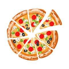 Pizza sliced with tomatoes and cheese. Italian pizza with olives and salad. Vector illustration.
