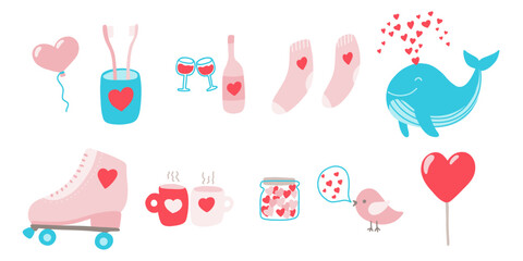 Valentine's Day set elements. Hand drawn doodle rollers, whale, wine, cups, heart, socks, bird, toothbrushes in cartoon style. Stock vector romantic illustration isolated on a white background.
