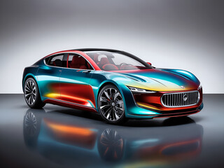 a colorful car on a reflective surface. The car has a sleek design with a curved body and a large grill at the front. The colors of the car are a mix of red, blue, and yellow