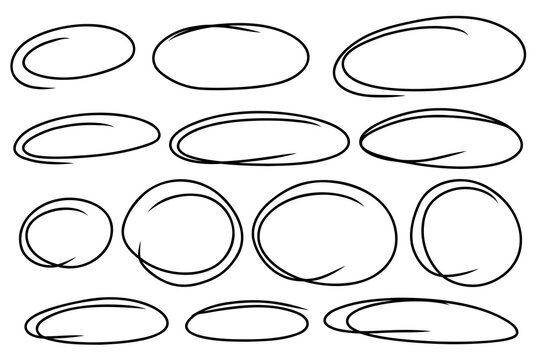 Highlight hand drawn oval marker frames line set. Hand drawn scribble circle sketch set. Doodle ovals and ellipses line template. Vector illustration oval isolated on white background.