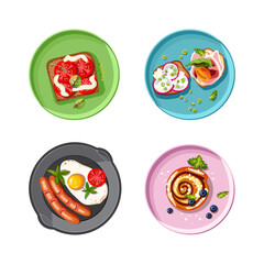Healthy breakfast. Frying pan with scrambled eggs and sausages, tomatoes, lettuce. Plate with cake and berries. Bruschettas and open sandwiches with croutons. Isolated vector illustration