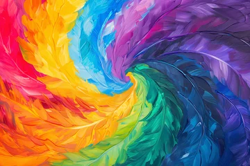 Papier Peint photo Mélange de couleurs Abstract color wave rainbow strip line horizontal background. Close up feathers on a purple and Green Background. Color gradient strip wave paper. Abstract texture background.