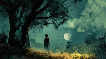 grungy noise texture art, a boy in park at night time, whimsical fantasy fairytale contemporary creative illustration, Generative Ai - obrazy, fototapety, plakaty