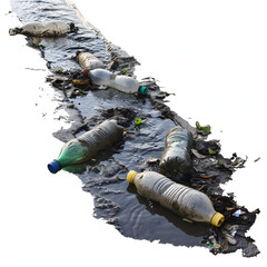 Plastic bottles in a polluted river isolated on white background, png
