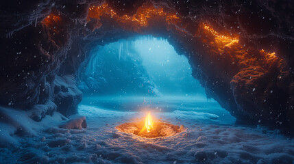 Mystical snowy landscape with a warm, inviting glow from a tunnel entrance