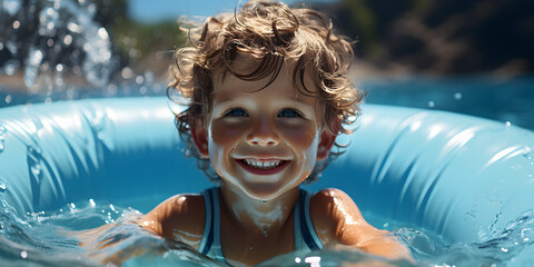 Little boy floating with inflatable swim ring on water - obrazy, fototapety, plakaty