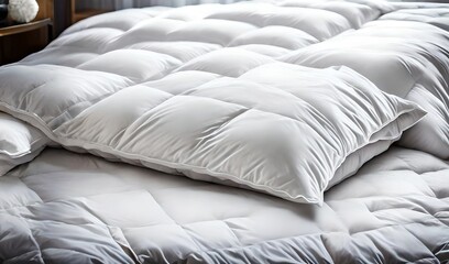 Fototapeta na wymiar White duvet on a bed, ready for winter or domestic use in a hotel or home setting