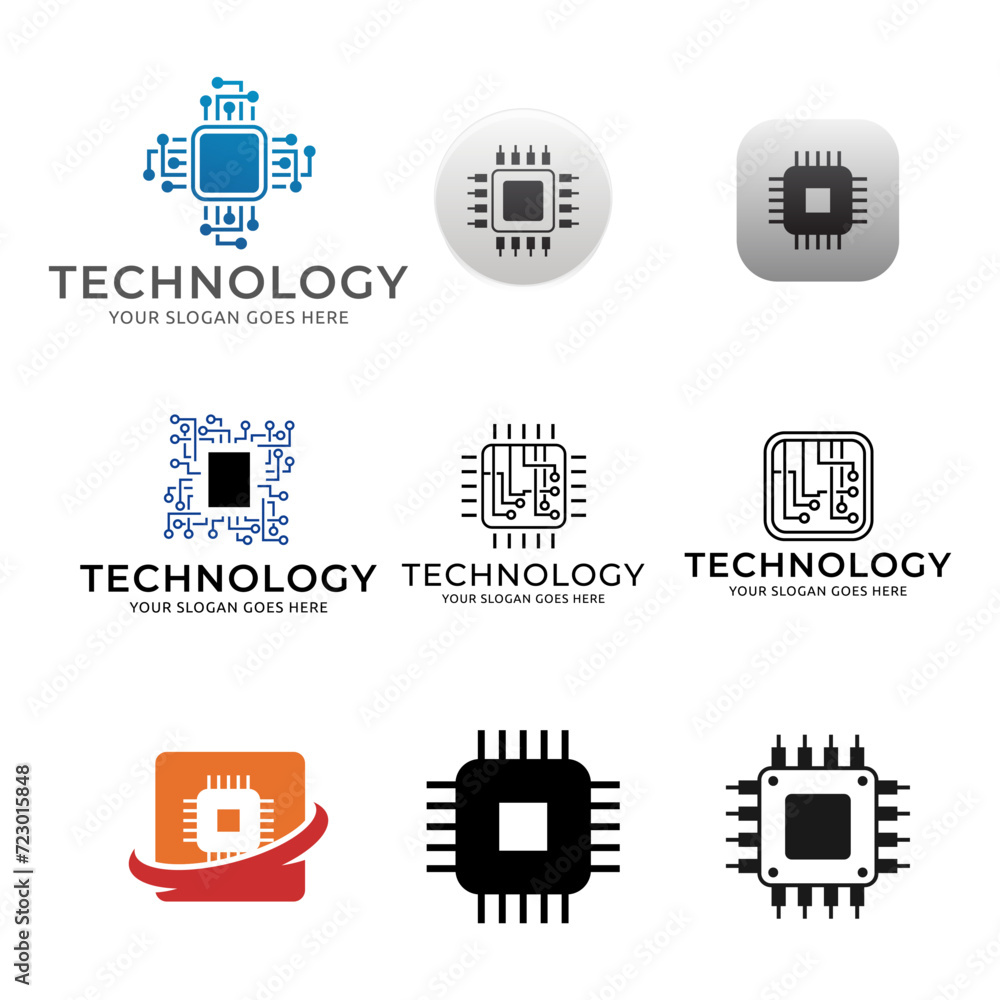 Poster set of technology logo. artificial intelligence ai processor chip icon. ai processor circuit vector 