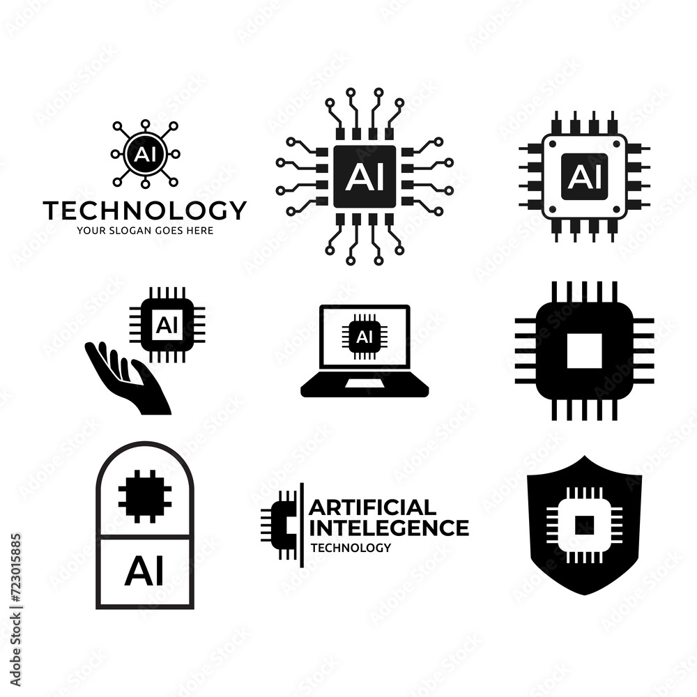 Poster artificial intelligence ai processor chip icon. ai processor circuit vector set.