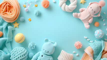 Kids clothes and dresses, Flat lay composition top view of  with empty space at center for children products advertising, pastel color background
